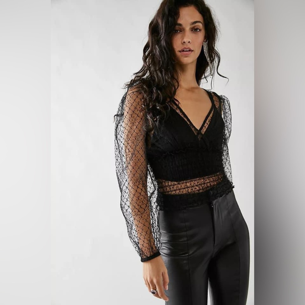 Free People Black Sheer Lace Mesh Long Sleeve Crop Top
